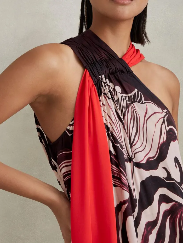 Women Reiss Dresses Rosa Printed Ruche Neck Shift Dress Ivoryburgundy