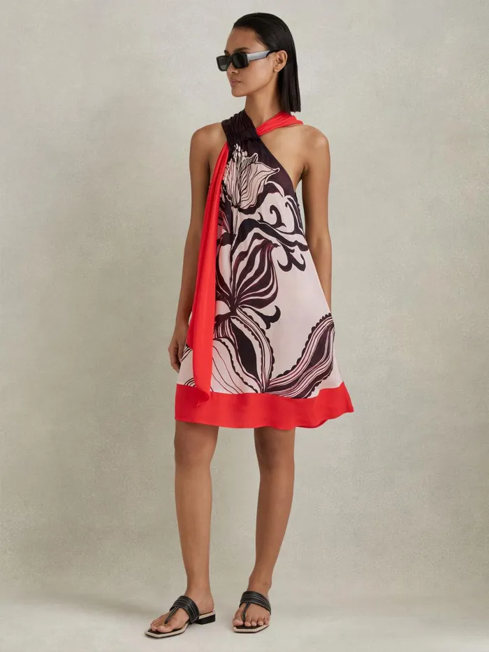 Women Reiss Dresses Rosa Printed Ruche Neck Shift Dress Ivoryburgundy