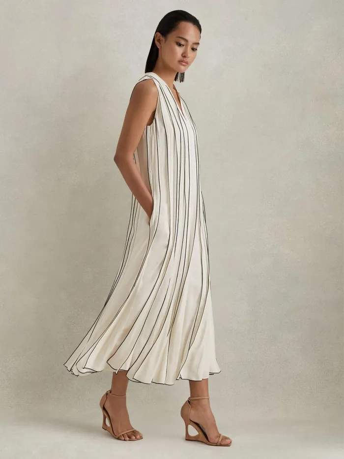 Women Reiss Dresses Sarah Contrast Ruffle Midi Dress Ivory