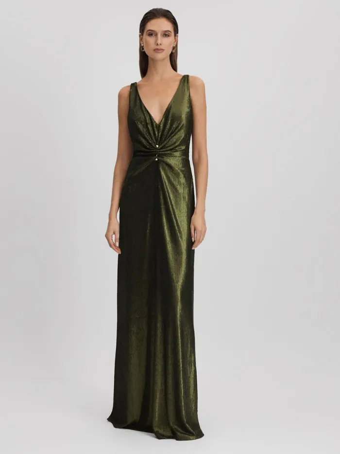 Women Reiss Dresses Sequin Ruche Maxi Dress Seaweed