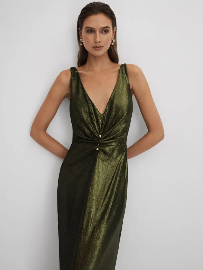 Women Reiss Dresses Sequin Ruche Maxi Dress Seaweed