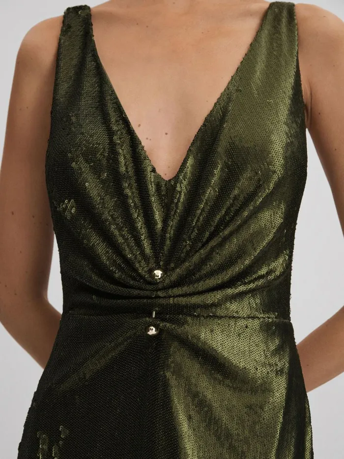 Women Reiss Dresses Sequin Ruche Maxi Dress Seaweed