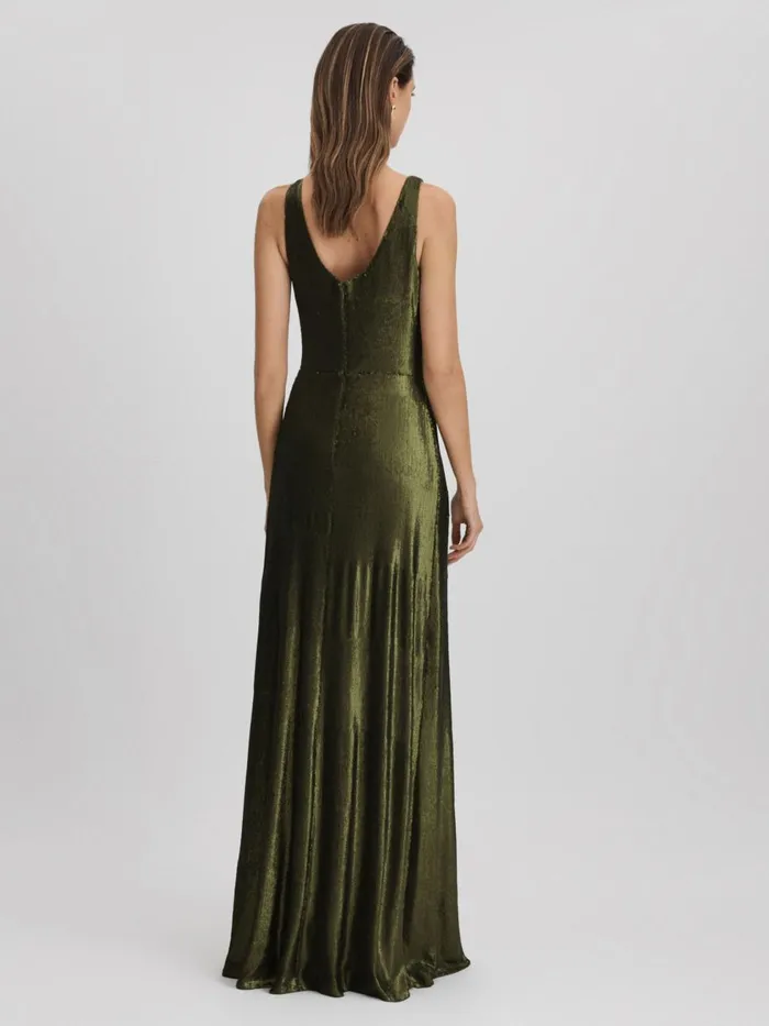 Women Reiss Dresses Sequin Ruche Maxi Dress Seaweed