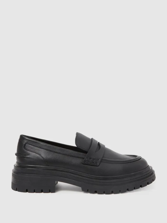 Women Reiss Flats Adele Leather Chunky Cleated Loafers Black
