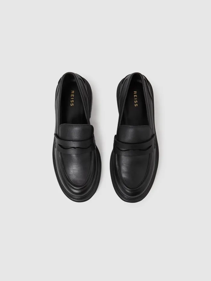 Women Reiss Flats Adele Leather Chunky Cleated Loafers Black