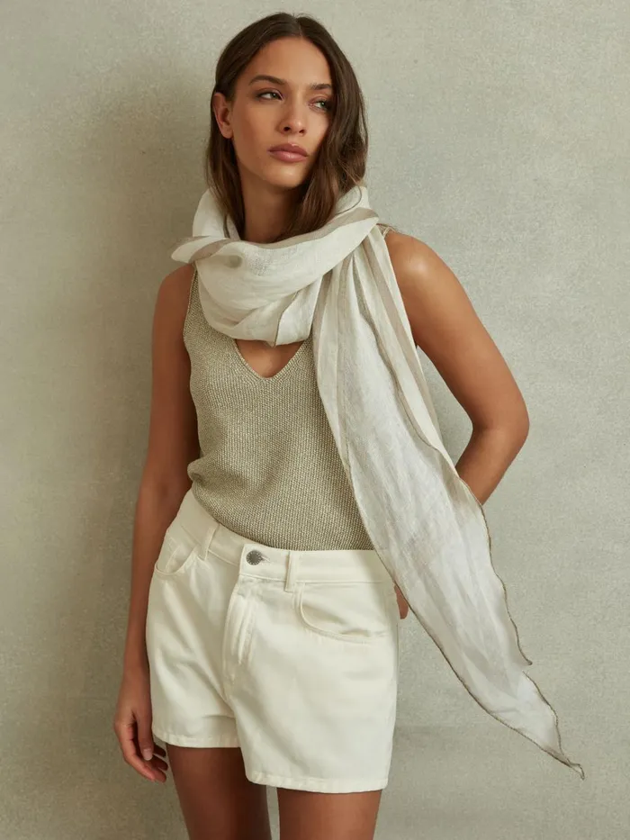 Women Reiss Hats Gloves and Scarves Rhombus Linen Contrast Trim Scarf Ecru