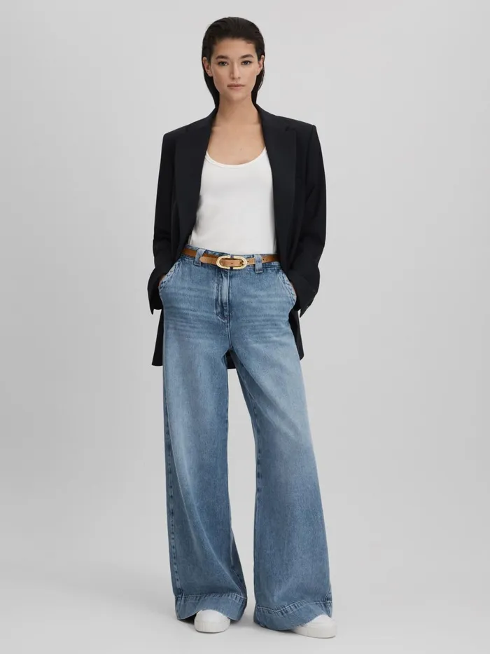 Women Reiss Jeans Olivia Wide Leg Contrast Stitch Jeans Light Blue