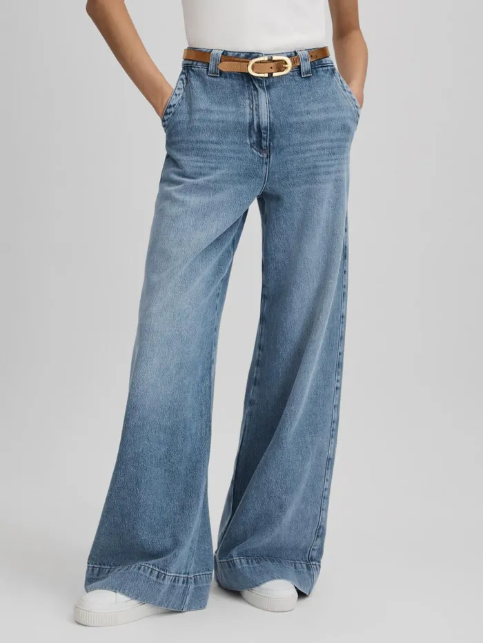 Women Reiss Jeans Olivia Wide Leg Contrast Stitch Jeans Light Blue