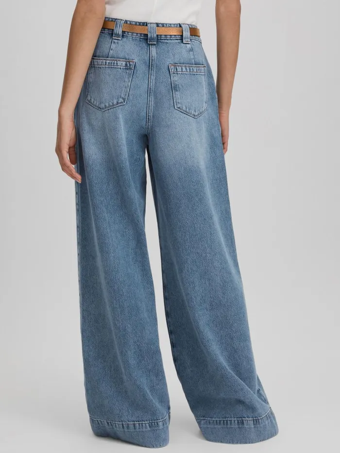 Women Reiss Jeans Olivia Wide Leg Contrast Stitch Jeans Light Blue