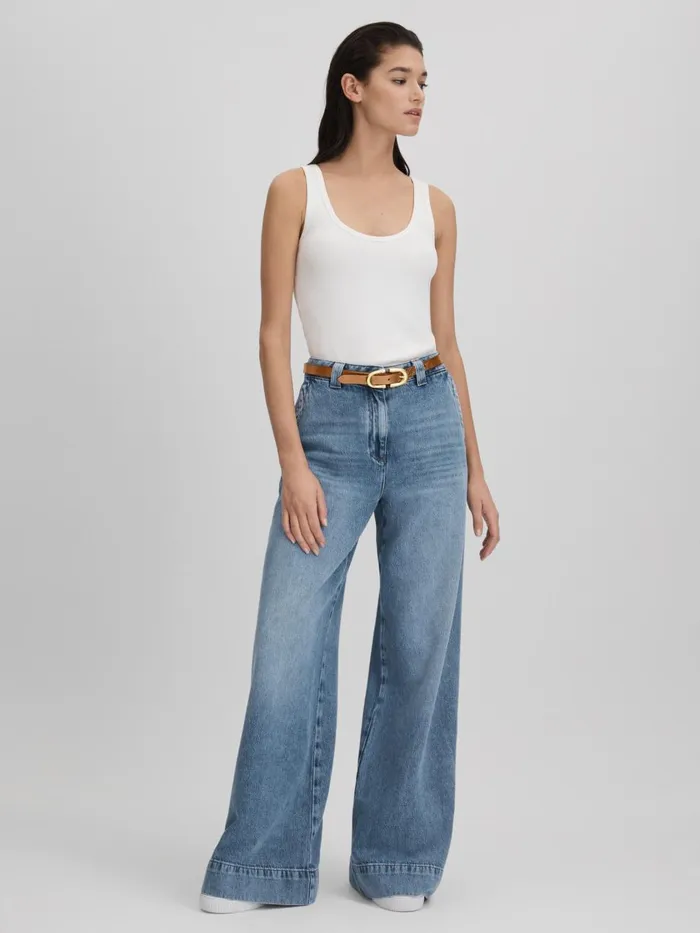 Women Reiss Jeans Olivia Wide Leg Contrast Stitch Jeans Light Blue