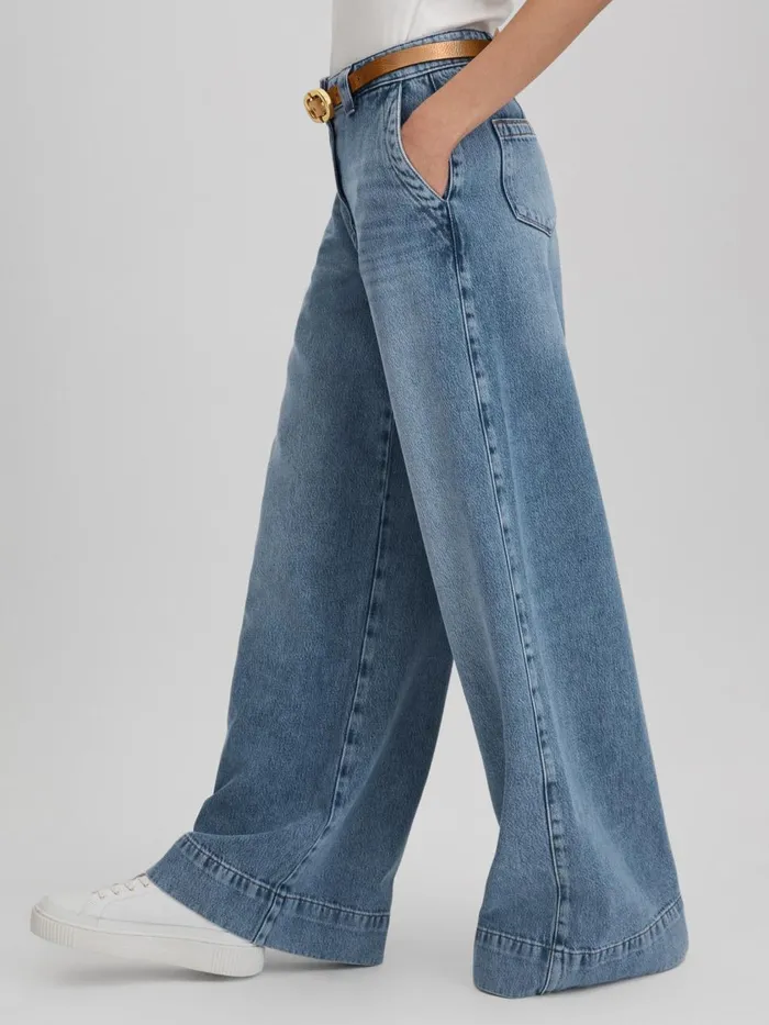 Women Reiss Jeans Olivia Wide Leg Contrast Stitch Jeans Light Blue