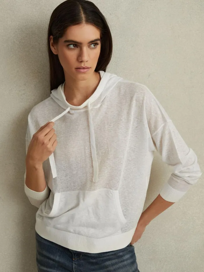 Women Reiss Knitwear Candy Cotton Blend Sheer Hoodie Ivory