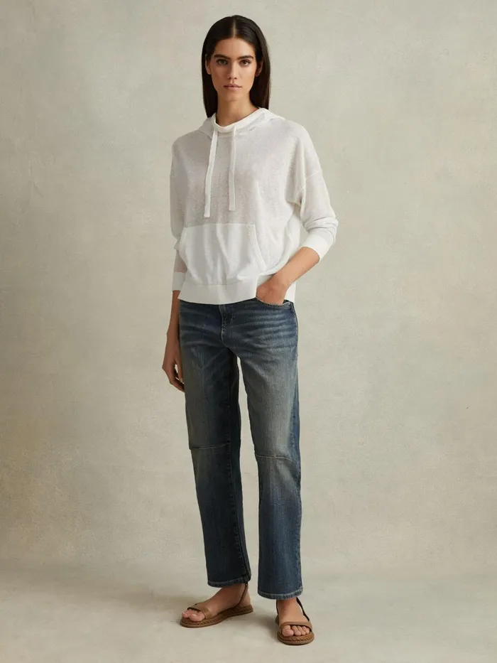 Women Reiss Knitwear Candy Cotton Blend Sheer Hoodie Ivory