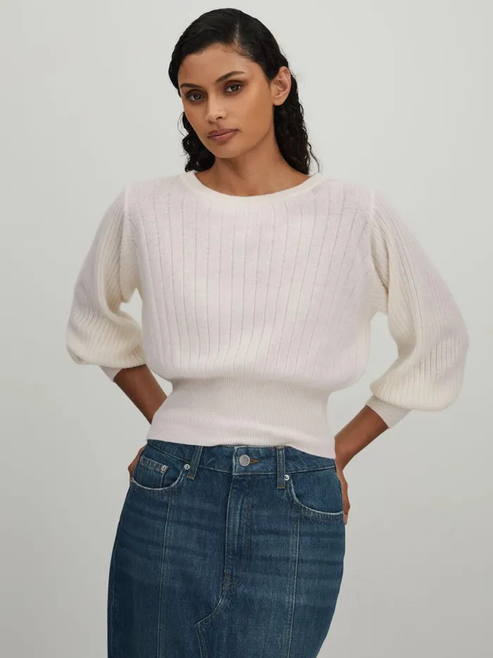 Women Reiss Knitwear Collection Cashmere Blouson Sleeve Jumper White