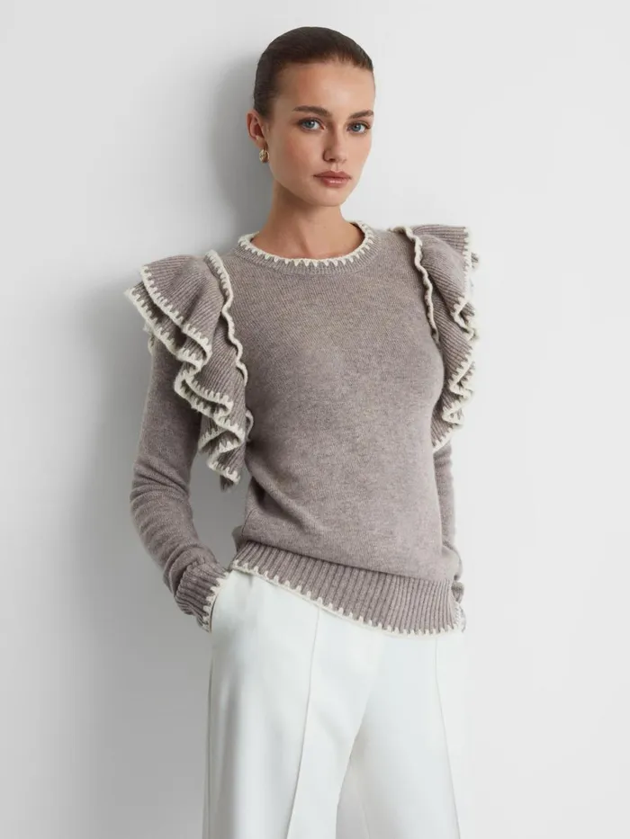 Women Reiss Knitwear Thompson Madeleine Thompson WoolCashmere Ruffle Crew Neck Jumper Dark Oatmeal Women Reiss Knitwear Thompson Madeleine Thompson WoolCashmere Ruffle Crew Neck Jumper Dark Oatmeal