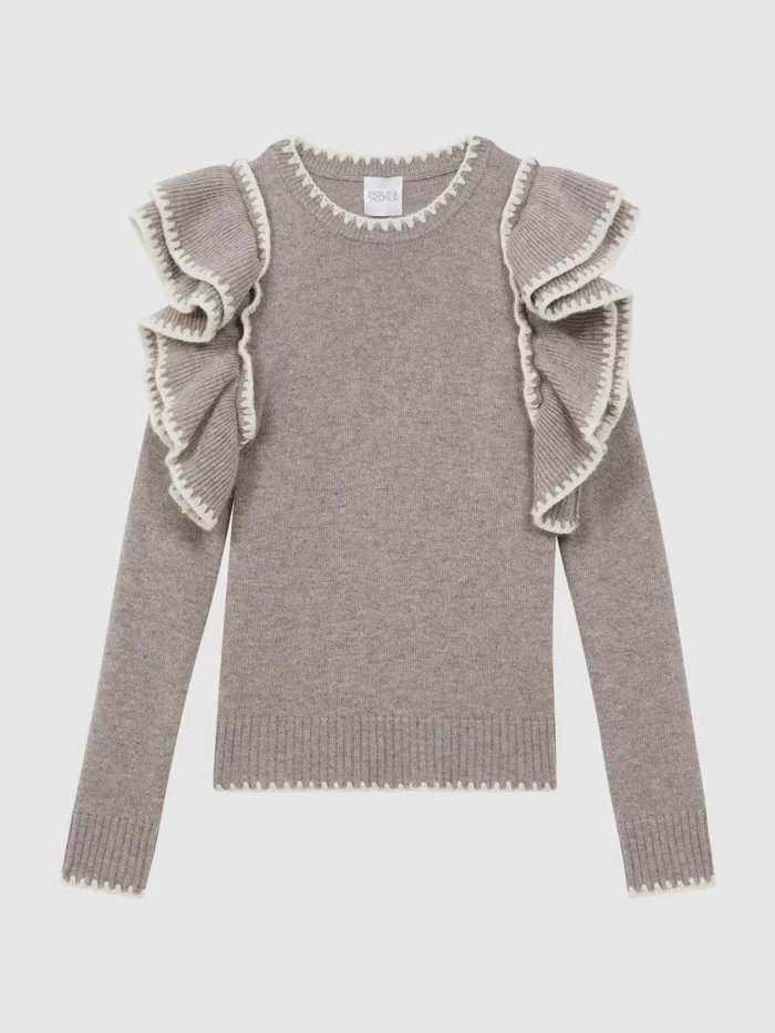 Women Reiss Knitwear Thompson Madeleine Thompson WoolCashmere Ruffle Crew Neck Jumper Dark Oatmeal