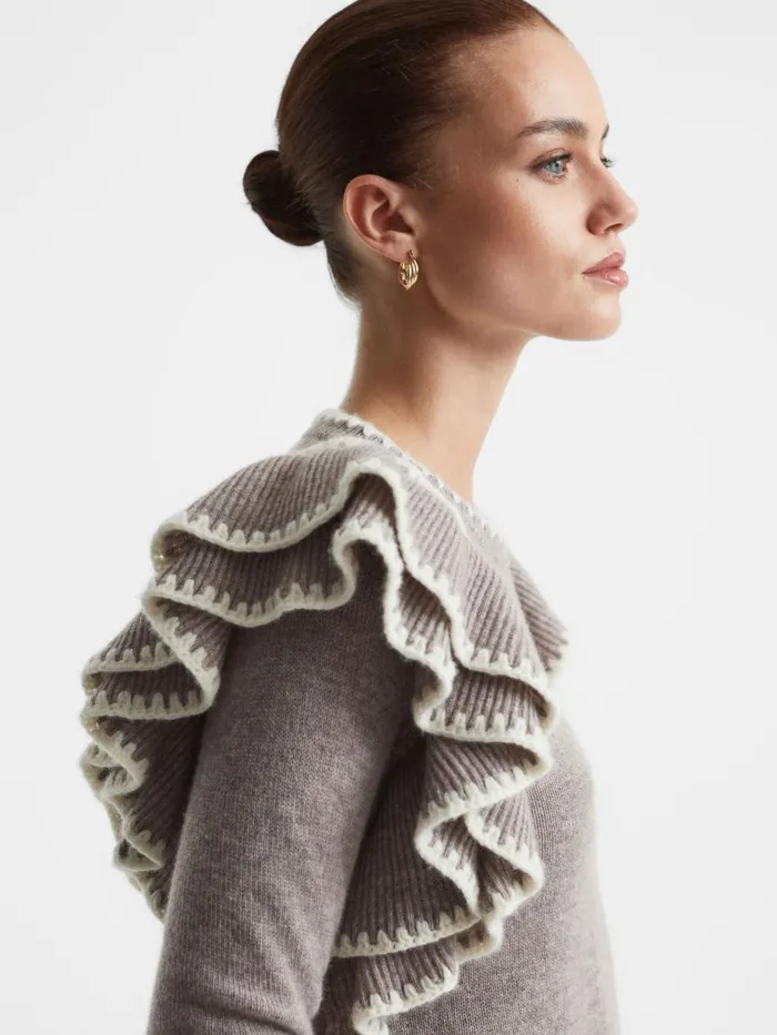Women Reiss Knitwear Thompson Madeleine Thompson WoolCashmere Ruffle Crew Neck Jumper Dark Oatmeal
