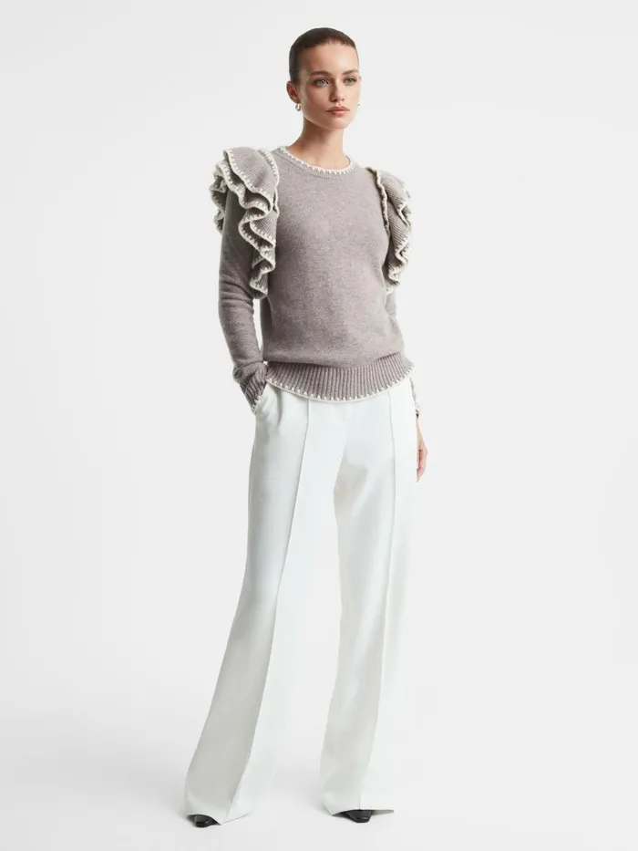 Women Reiss Knitwear Thompson Madeleine Thompson WoolCashmere Ruffle Crew Neck Jumper Dark Oatmeal