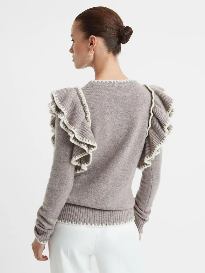 Women Reiss Knitwear Thompson Madeleine Thompson WoolCashmere Ruffle Crew Neck Jumper Dark Oatmeal