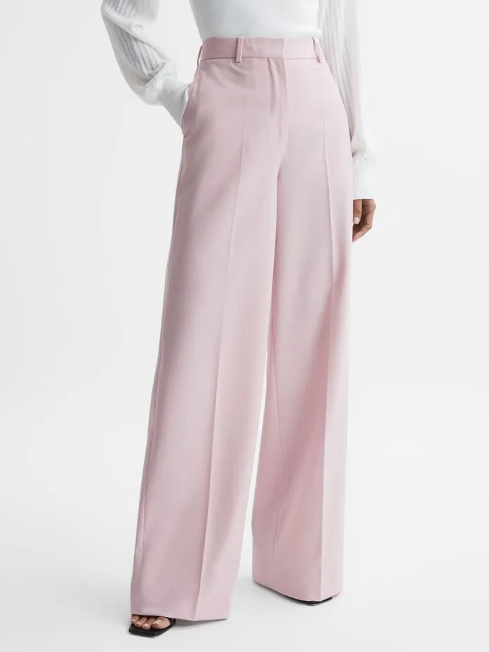 Women Reiss Pants Evelyn Wool Blend Mid Rise Wide Leg Trousers Pink