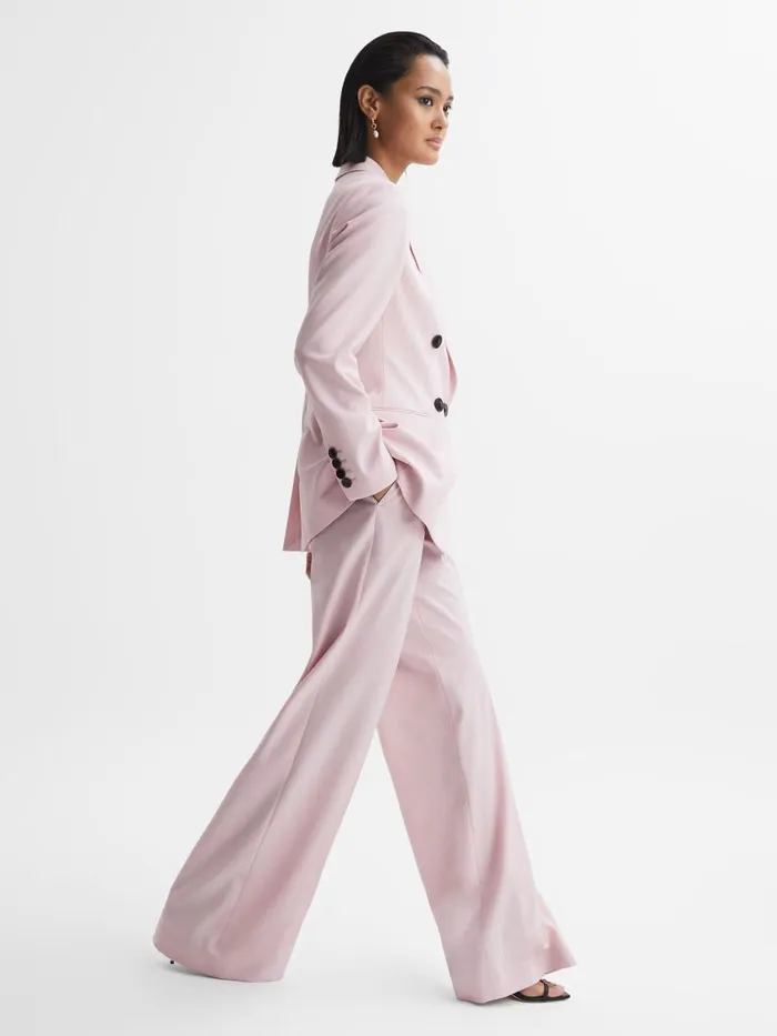 Women Reiss Pants Evelyn Wool Blend Mid Rise Wide Leg Trousers Pink