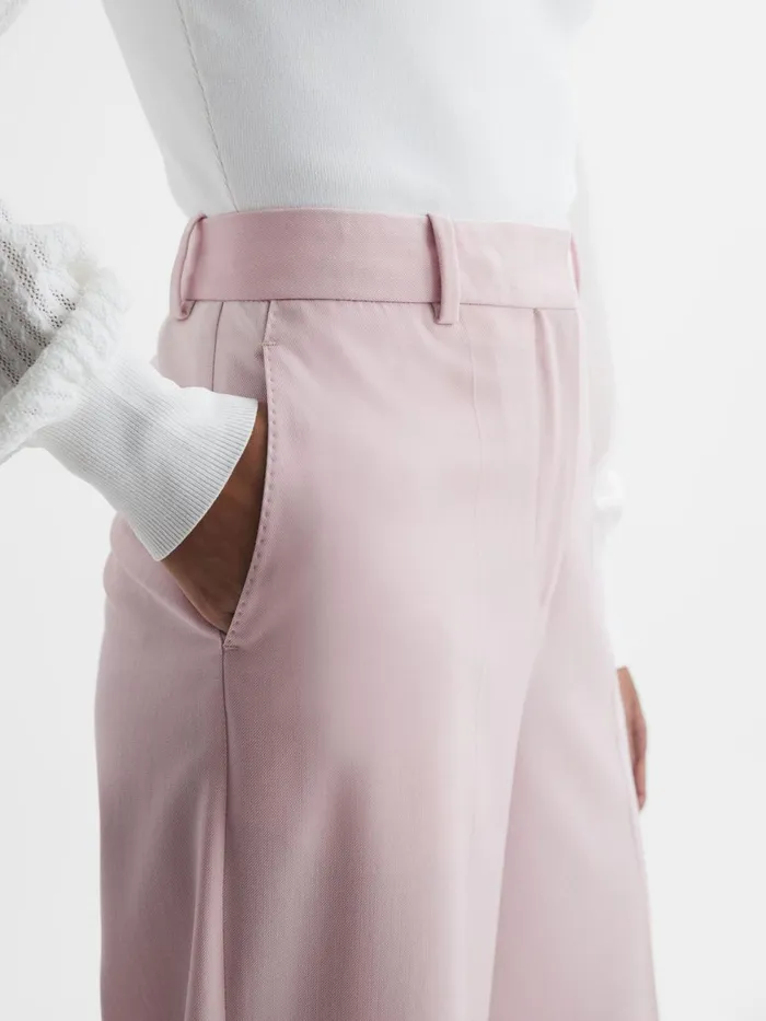 Women Reiss Pants Evelyn Wool Blend Mid Rise Wide Leg Trousers Pink