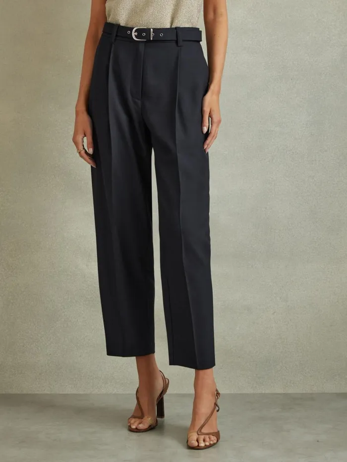 Women Reiss Pants Freja Tapered Belted Trousers Navy