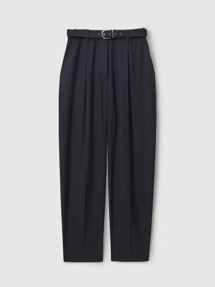 Women Reiss Pants Freja Tapered Belted Trousers Navy