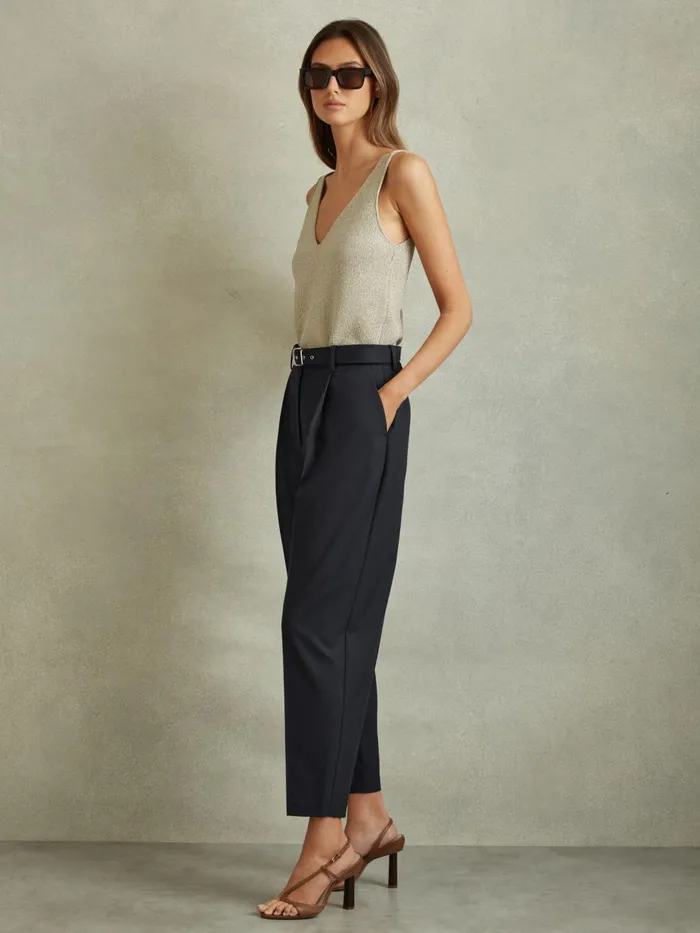 Women Reiss Pants Freja Tapered Belted Trousers Navy