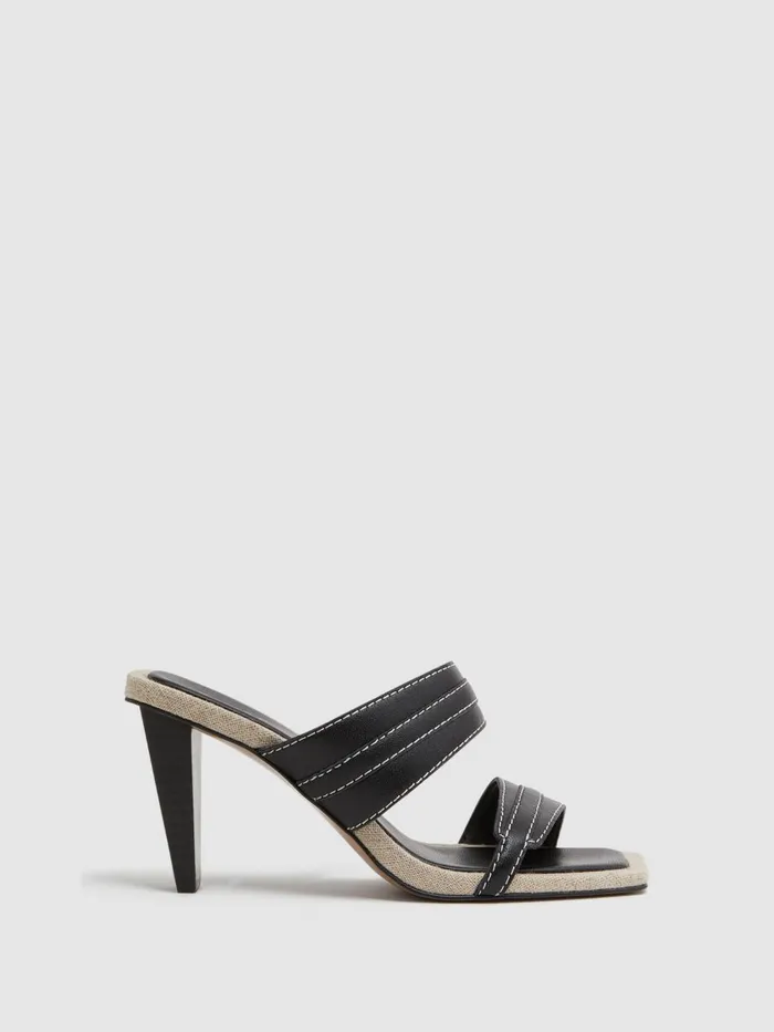 Women Reiss Sandals Ruby Leather Strap Heeled Mules Black