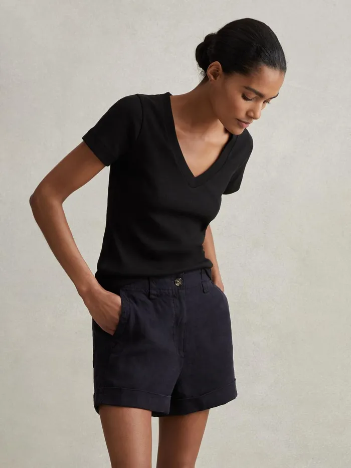 Women Reiss Shorts Demi Linen Garment Dyed Shorts Navy