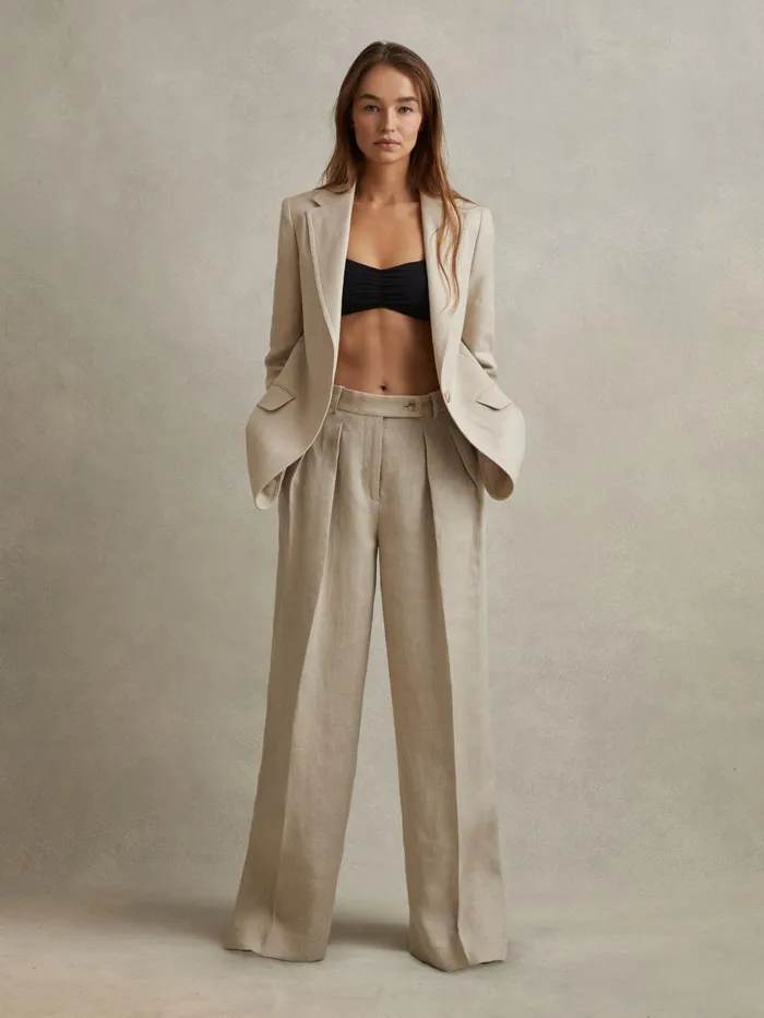 Women Reiss Suits and Tailoring Cassie Linen Single Breasted Suit Blazer Natural