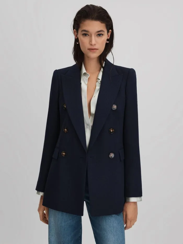 Women Reiss Suits and Tailoring Lana Tailored Textured Wool Blend Double Breasted Blazer Navy Women Reiss Suits and Tailoring Lana Tailored Textured Wool Blend Double Breasted Blazer Navy