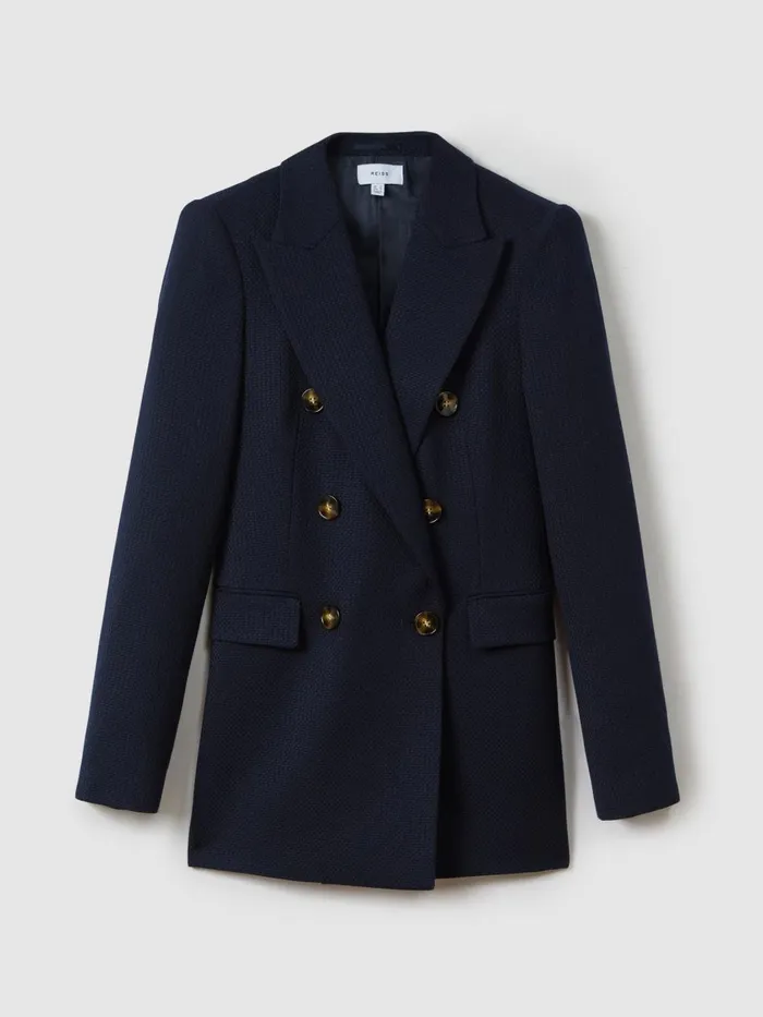 Women Reiss Suits and Tailoring Lana Tailored Textured Wool Blend Double Breasted Blazer Navy