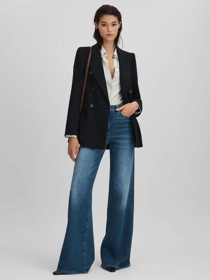 Women Reiss Suits and Tailoring Lana Tailored Textured Wool Blend Double Breasted Blazer Navy