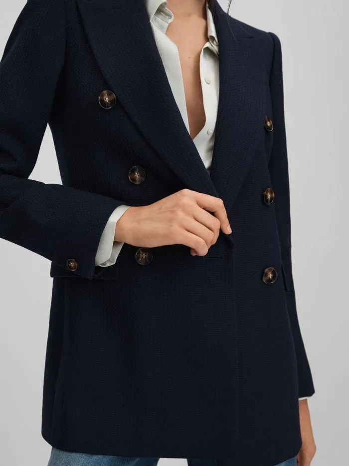 Women Reiss Suits and Tailoring Lana Tailored Textured Wool Blend Double Breasted Blazer Navy