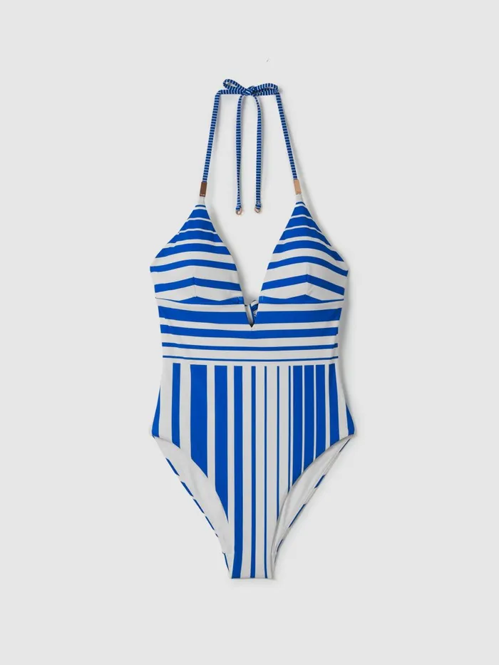 Women Reiss Swimwear Lenny Striped Plunge Neck Swimsuit Blue Stripe