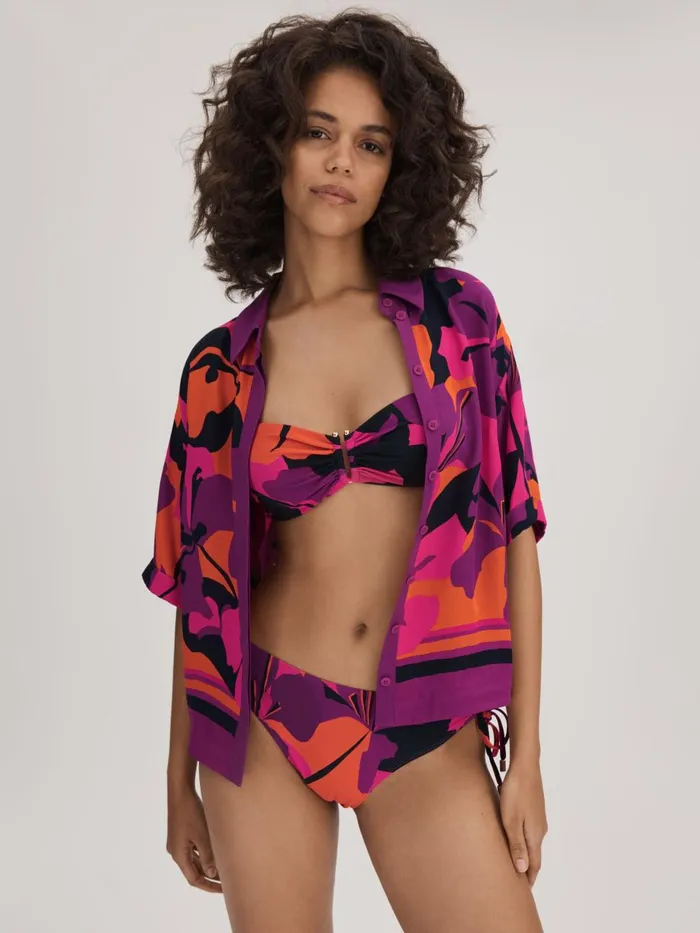 Women Reiss Swimwear Printed Ruched Bikini Bottoms Pinkorange