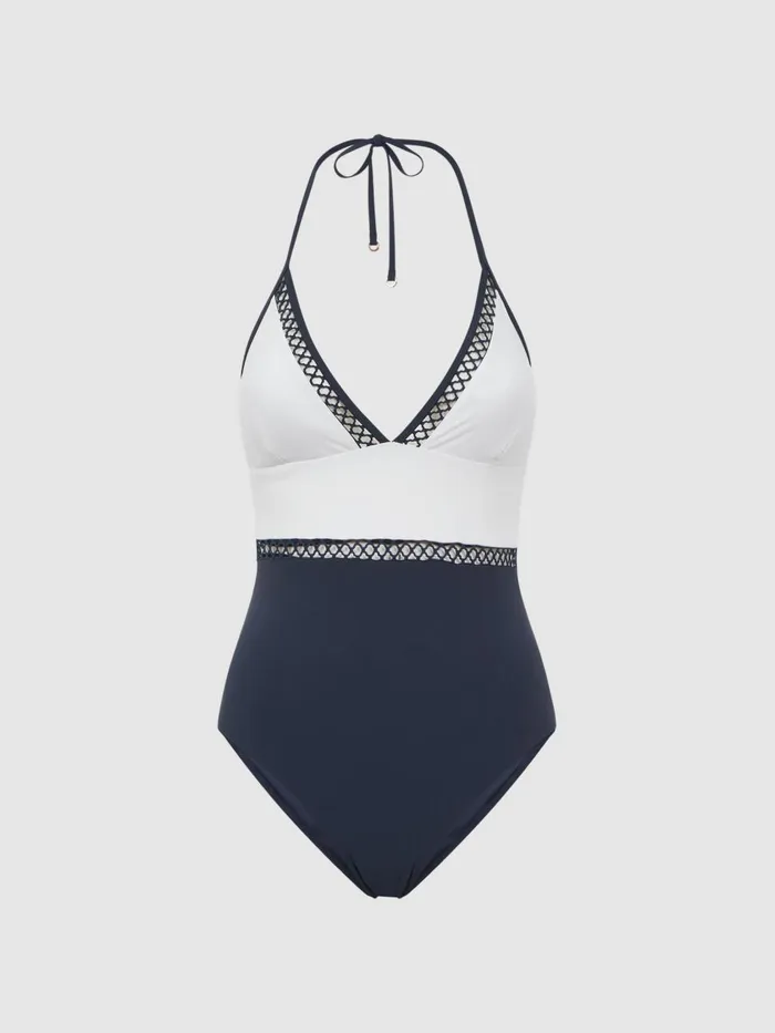 Women Reiss Swimwear Ray Colourblock Halter Swimsuit Navy