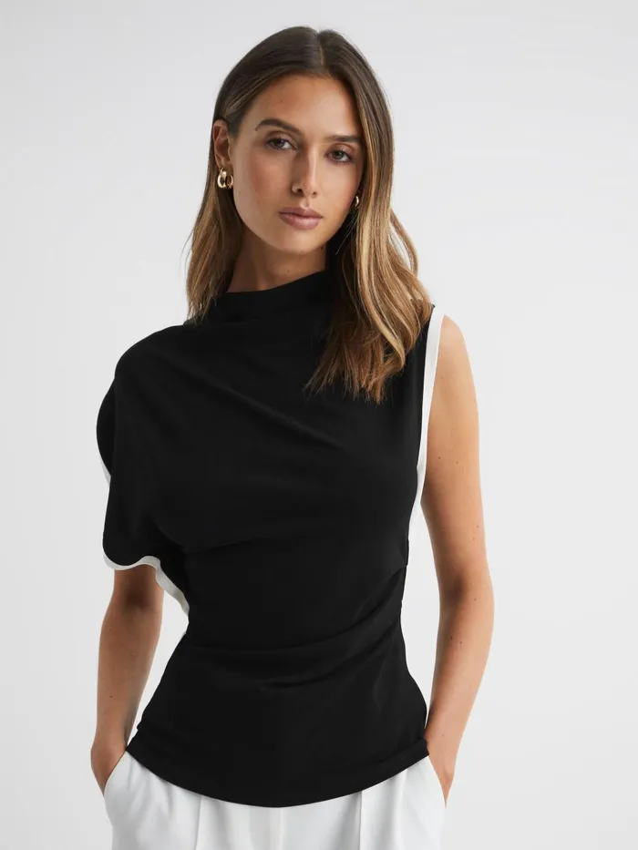 Women Reiss Tops Eva Asymmetric Contrast Trim Top Blackivory