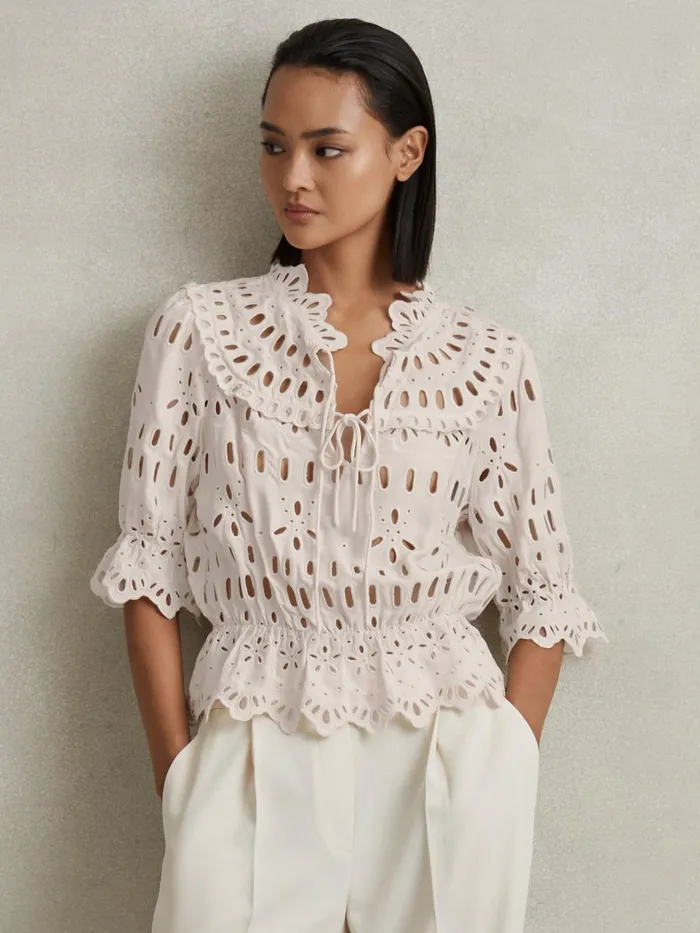Women Reiss Tops Kyra Broderie Tie Neck Blouse Cream