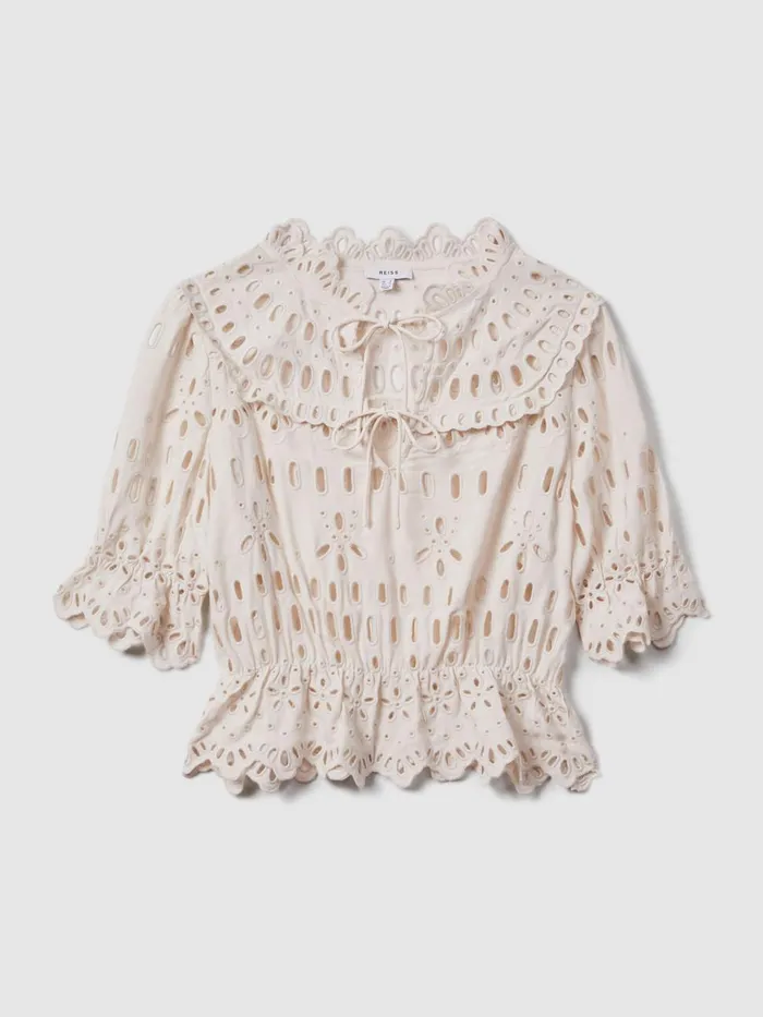 Women Reiss Tops Kyra Broderie Tie Neck Blouse Cream