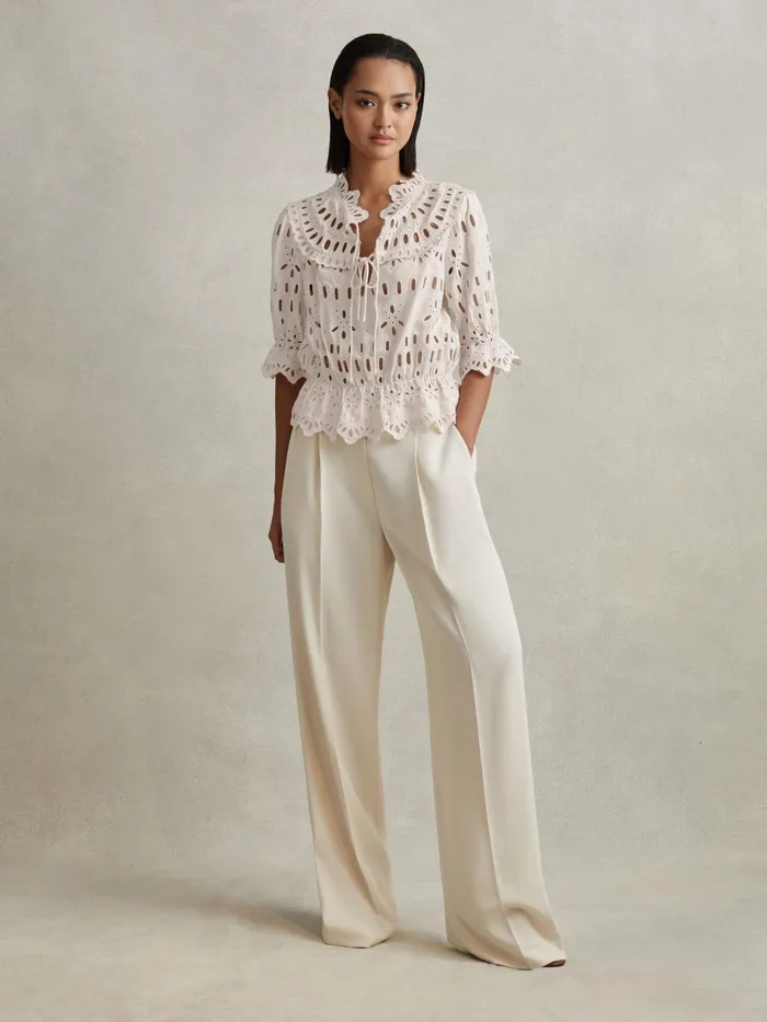 Women Reiss Tops Kyra Broderie Tie Neck Blouse Cream