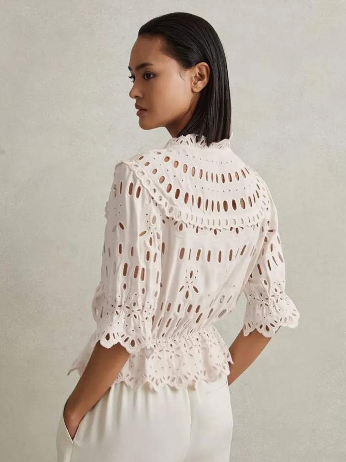 Women Reiss Tops Kyra Broderie Tie Neck Blouse Cream