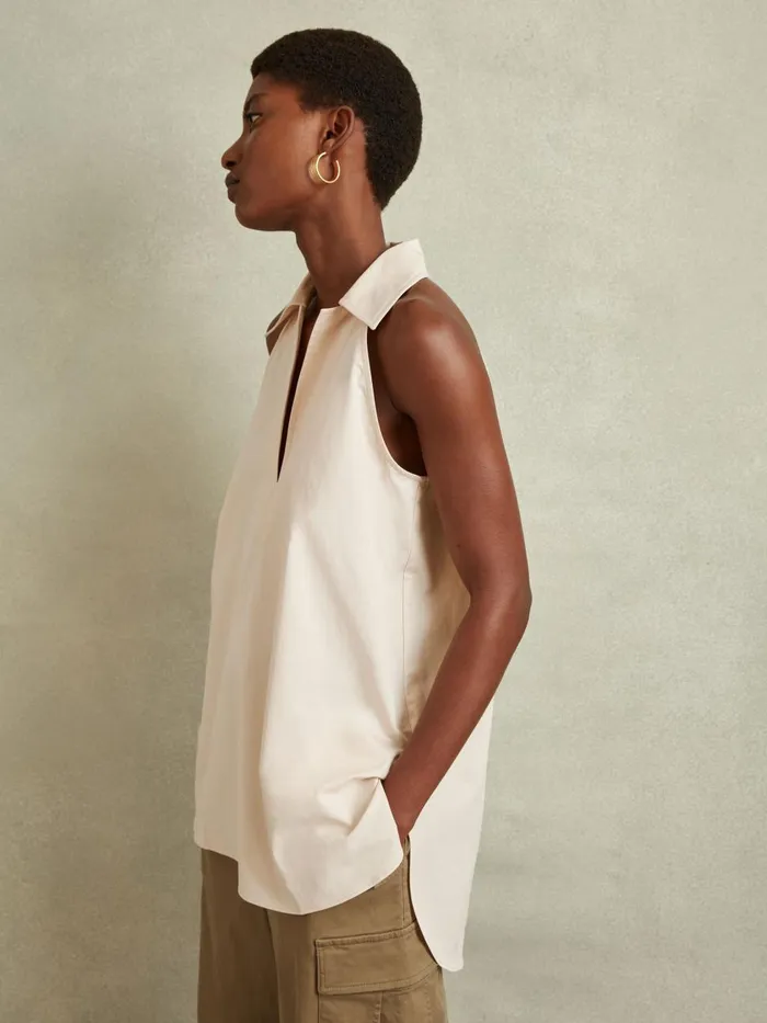 Women Reiss Tops Layla OpenCollar Cotton Blend Sleeveless Top Neutral