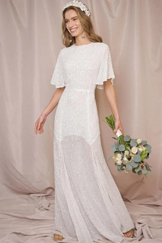 Women RIXO All Bridal Dina Sequinned Gown Squiggle Embellishment Ivory