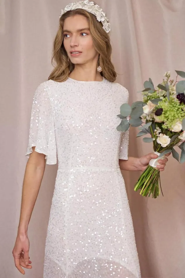 Women RIXO All Bridal Dina Sequinned Gown Squiggle Embellishment Ivory
