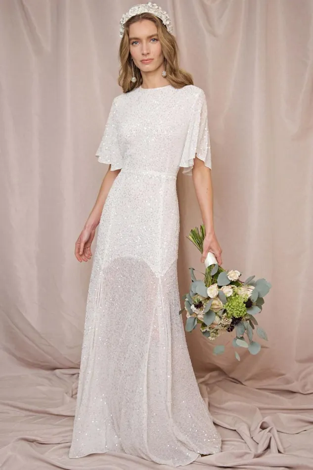 Women RIXO All Bridal Dina Sequinned Gown Squiggle Embellishment Ivory