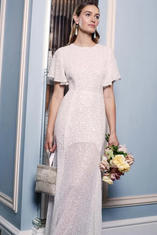 Women RIXO All Bridal Dina Sequinned Gown Squiggle Embellishment Ivory
