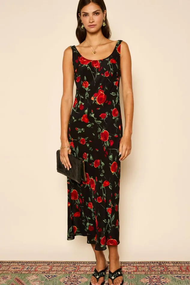 Women RIXO All Clothing Bondi Silk Midi Dress Claudia Rose Black